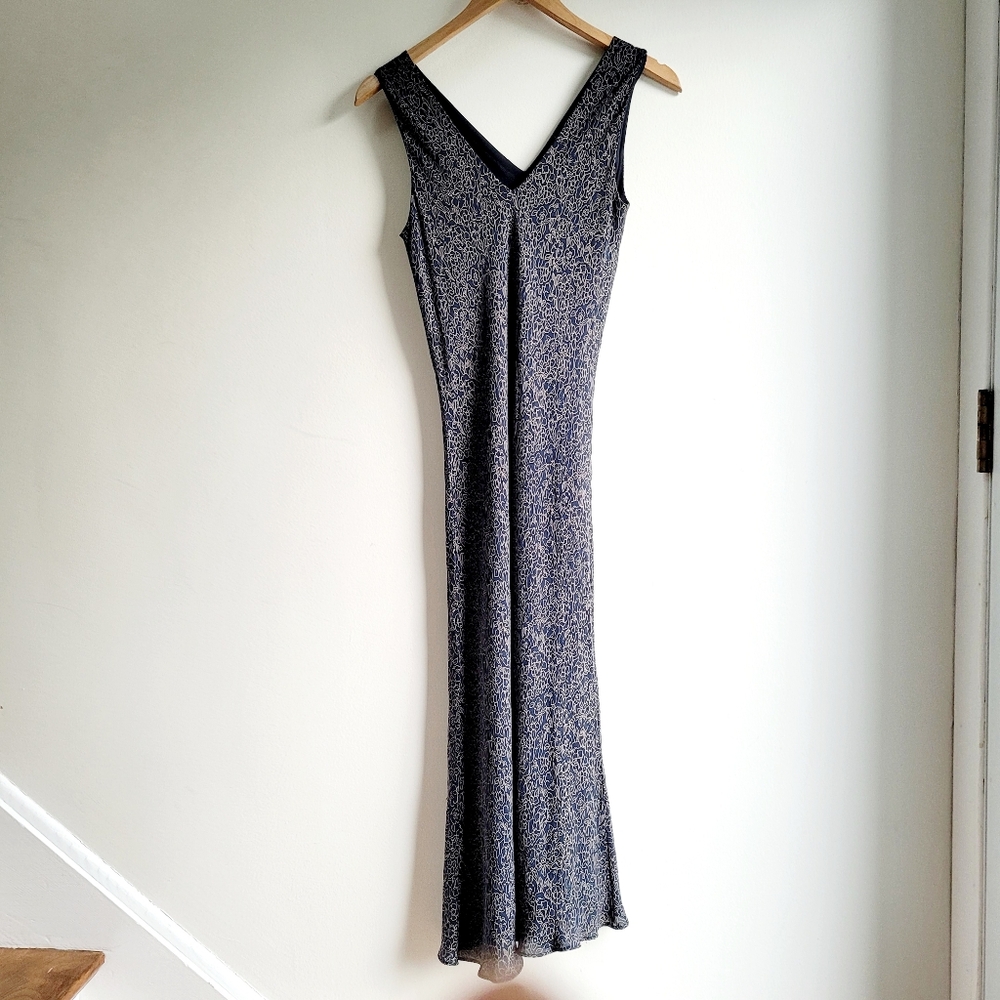 CASUAL CORNER 90's Silk Whimsical Fairy Navy Floral Sleeveless Slip Midi Dress 6 - Picture 4 of 8